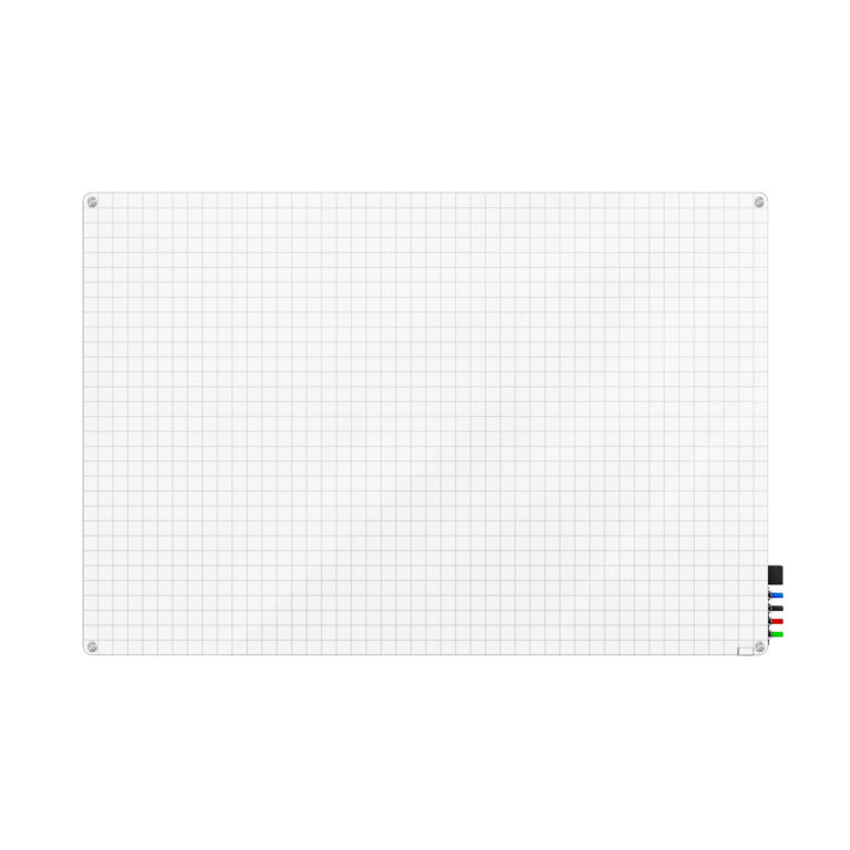 Grid glassboard with dry erase markers.