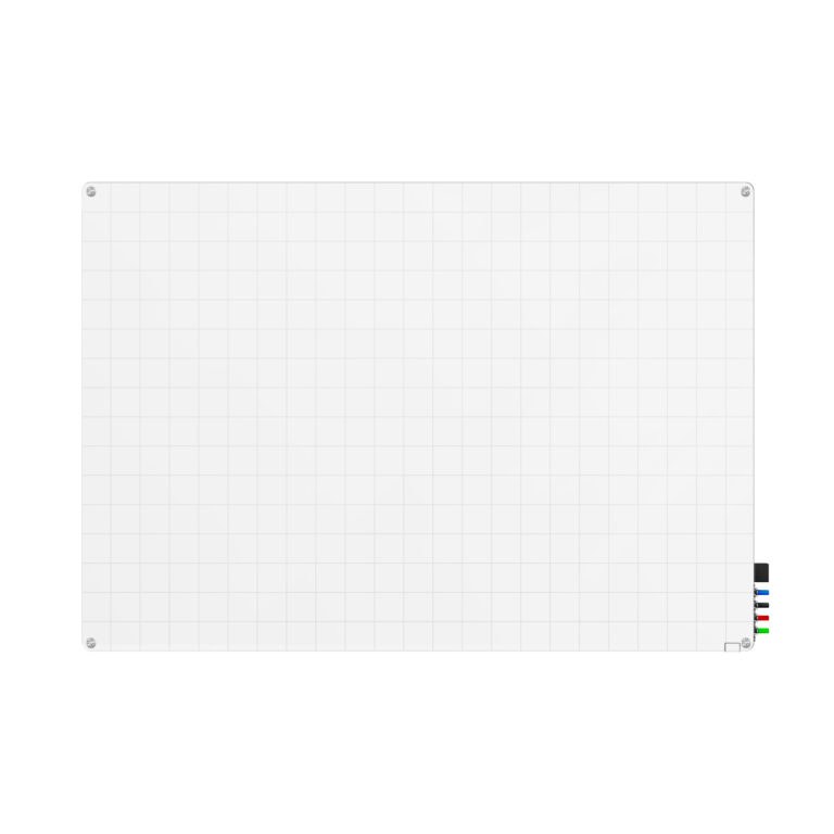 Grid glass whiteboard with dry erase markers.