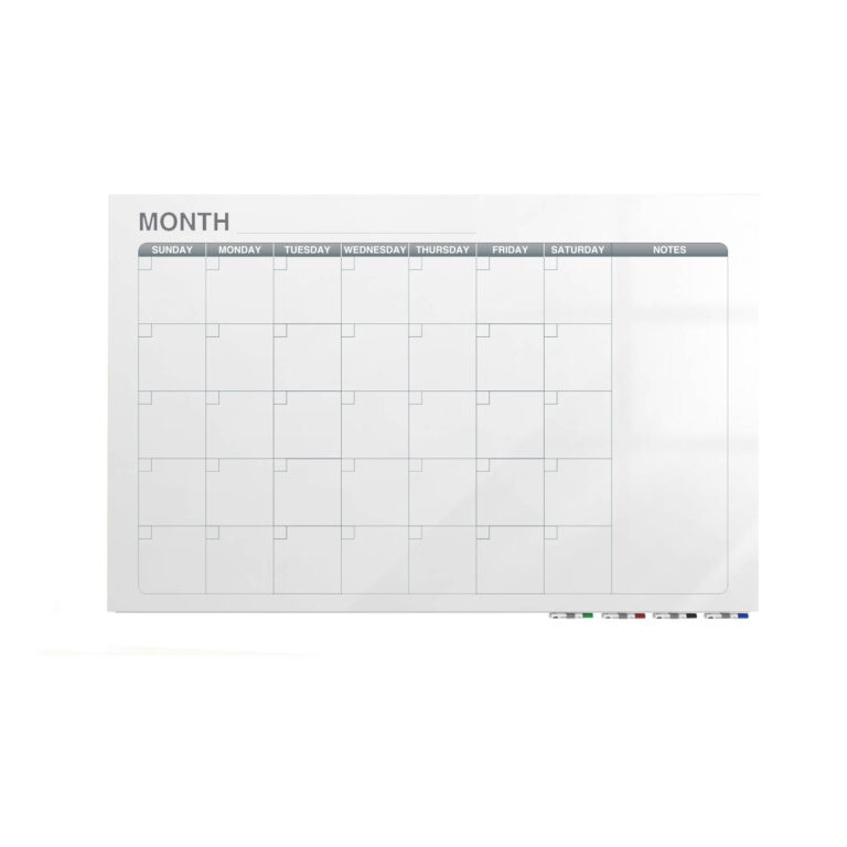 Calednar low profile glassboard. Calendar glass whiteboard product from Ghent. One month dry erasable board.