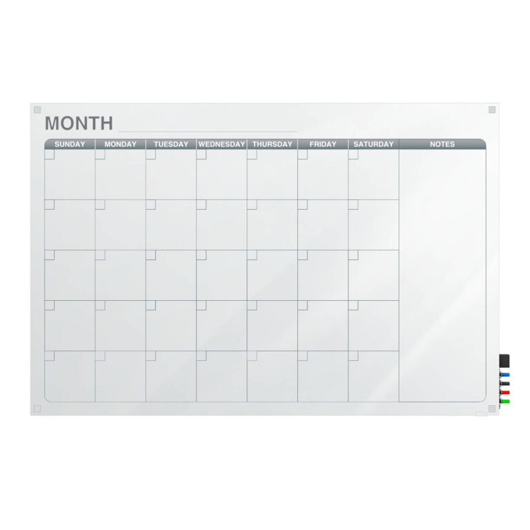 One month calendar dry erasable glassboard with whiteboard markers.