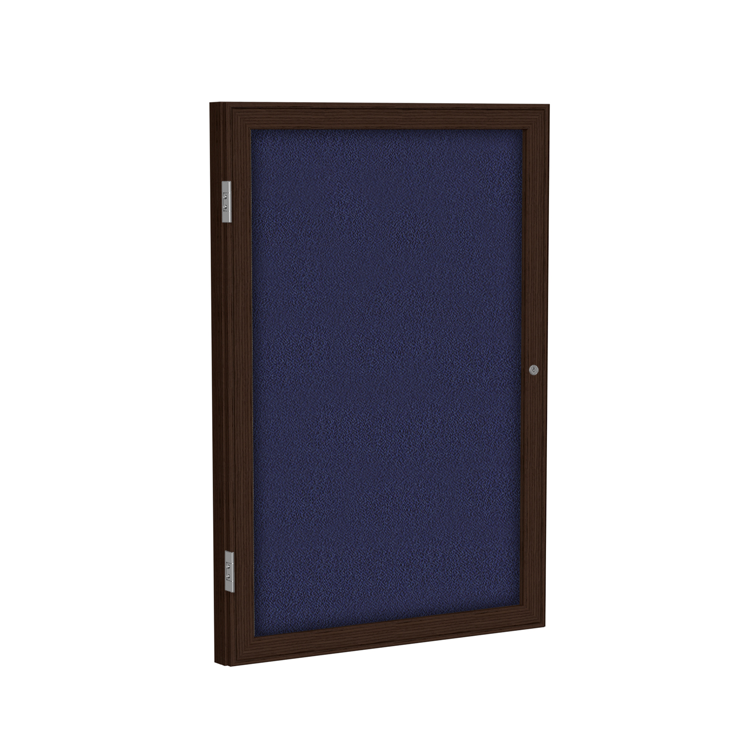 Enclosed Fabric Bulletin Board - Wood & Aluminum Frames 8 Enclosed Blue Fabric Bulletin Board with an walnut wood Frame.