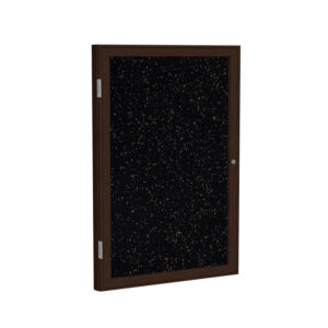 Enclosed board with tan speckled recycled rubber and walnut wood frame.