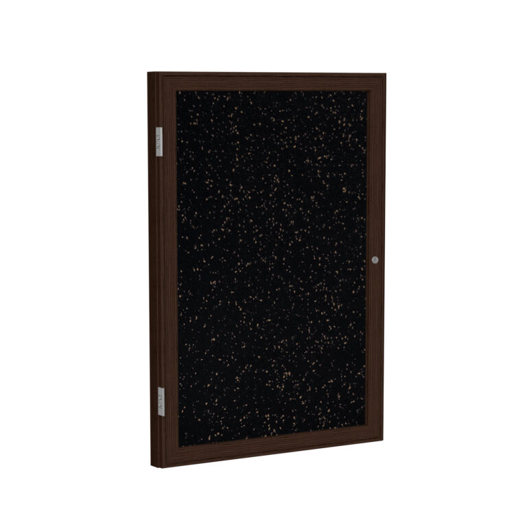 Healthcare Solutions 23 Enclosed board with tan speckled recycled rubber and walnut wood frame.