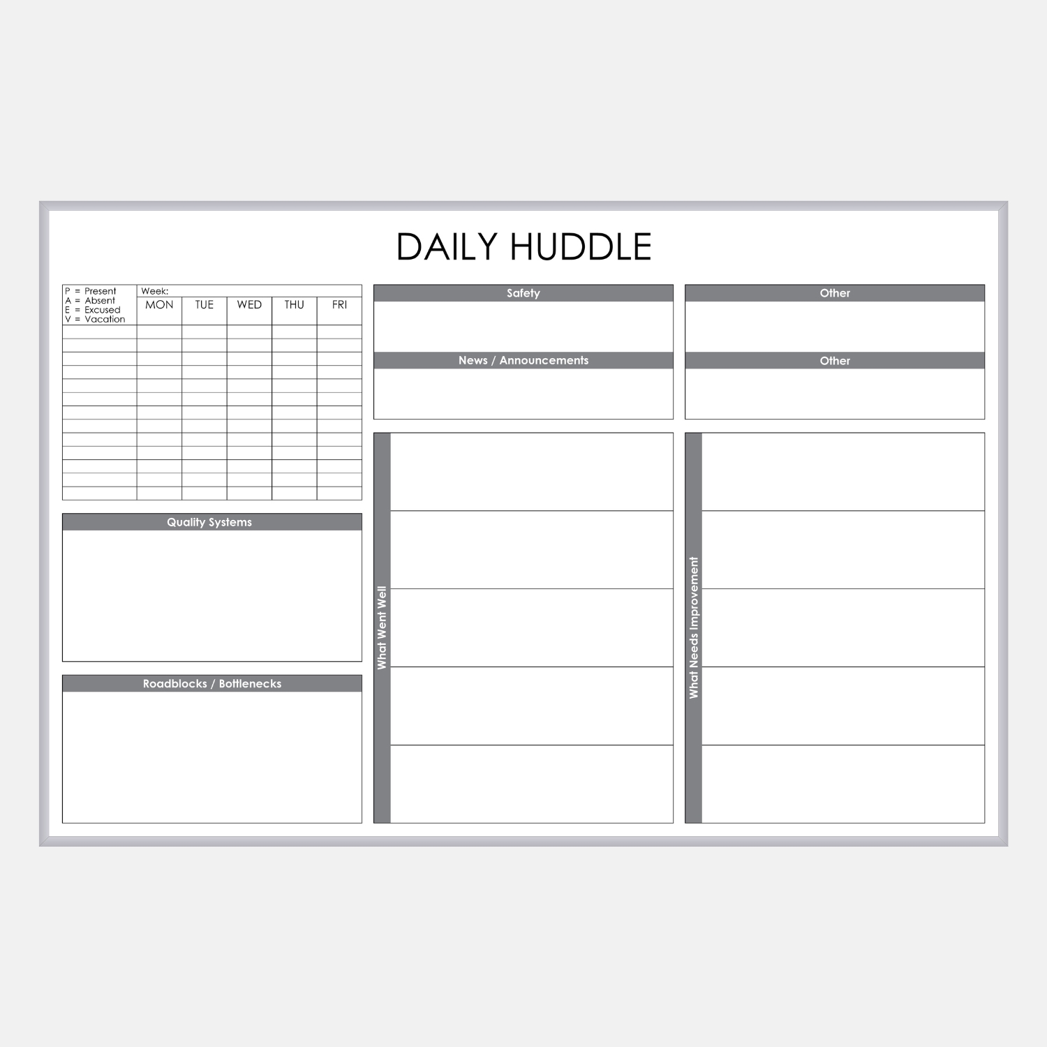 Daily Huddle Board – Team Communication & Accountability Whiteboard 1 Daily Huddle Board – Team Communication & Accountability Whiteboard