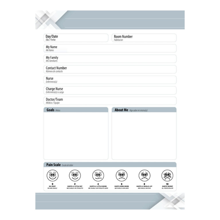 patient room glass whiteboard with Spanish subtitles